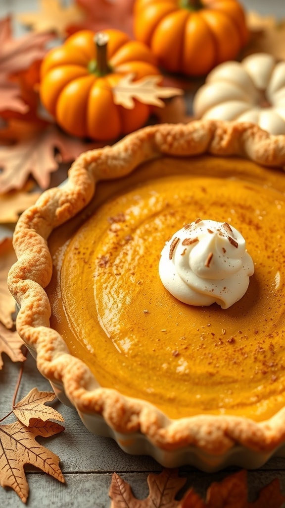 A golden pumpkin pie with whipped cream and cinnamon, surrounded by autumn decorations.